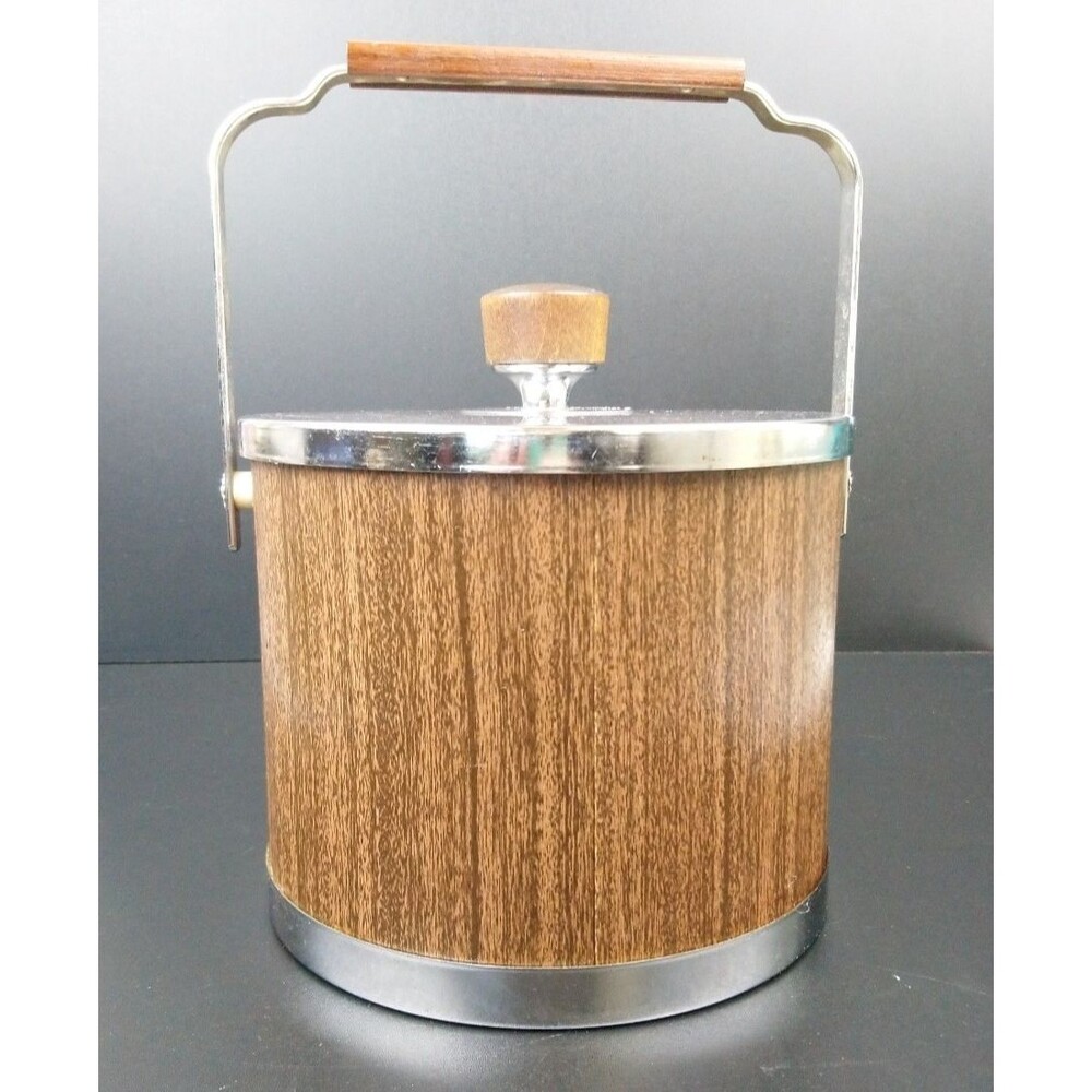 VTG MCM ATAPCO Ice Bucket Woodgrain & Chrome USA Barware